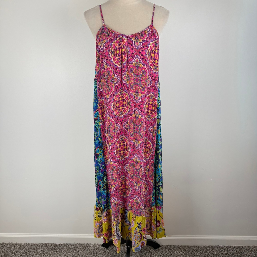Kensie Mixed Paisley Floral Patchwork Maxi Dress Pink Blue Yellow Tiered Boho Sm